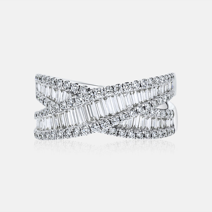 14 Karat White Gold Criss Cross Right Hand Ring with 1.77 Carats of Round and Baguette Diamonds