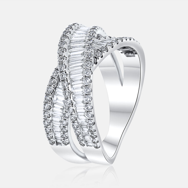 14 Karat White Gold Criss Cross Right Hand Ring with 1.77 Carats of Round and Baguette Diamonds