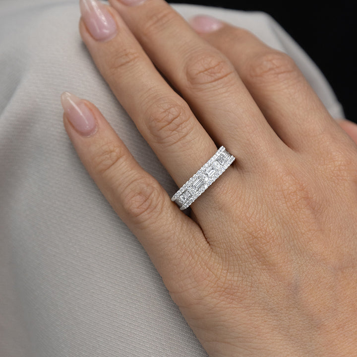 Round and Baguette Diamond Wedding Band with 1.37 Carat of Diamonds in 14 Karat White Gold