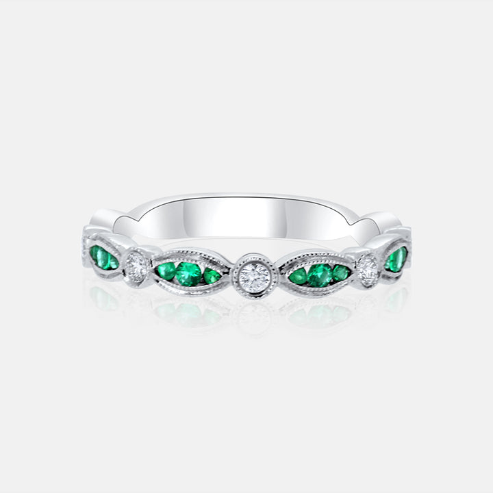 Diamond and Emerald Vintage Inspired Wedding Band with .14 carat of Diamonds and .13 carat of Emeralds