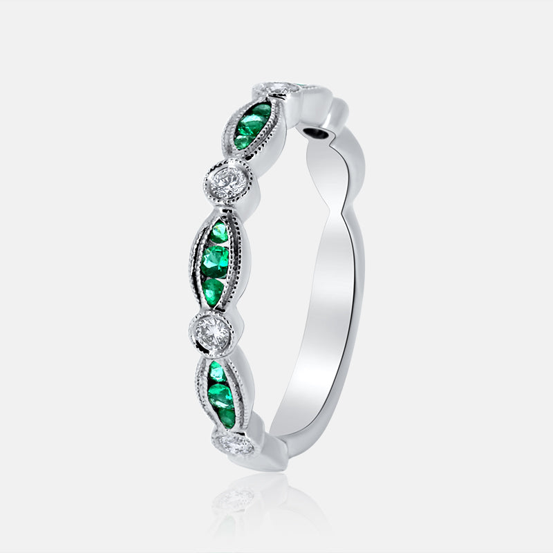 Diamond and Emerald Vintage Inspired Wedding Band with .14 carat of Diamonds and .13 carat of Emeralds