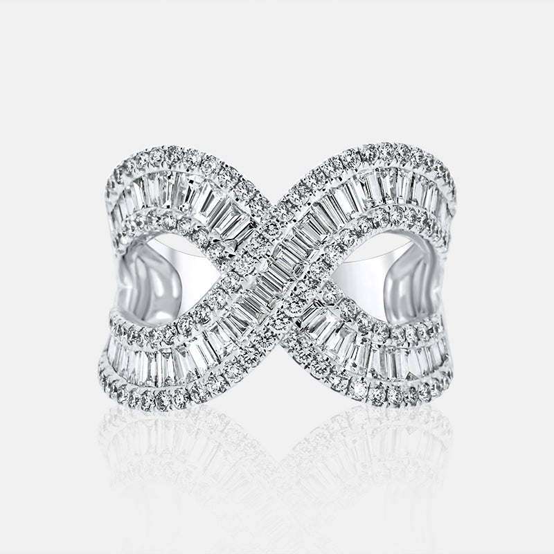 14 Karat White Gold Ladies Right Hand Criss Cross Ring with 2.18 Carats of Round and Baguette Diamonds