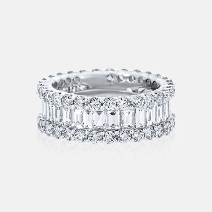 Baguette and Round Diamond Eternity Band in 14 Karat White Gold with 4.97 Carat of Diamonds