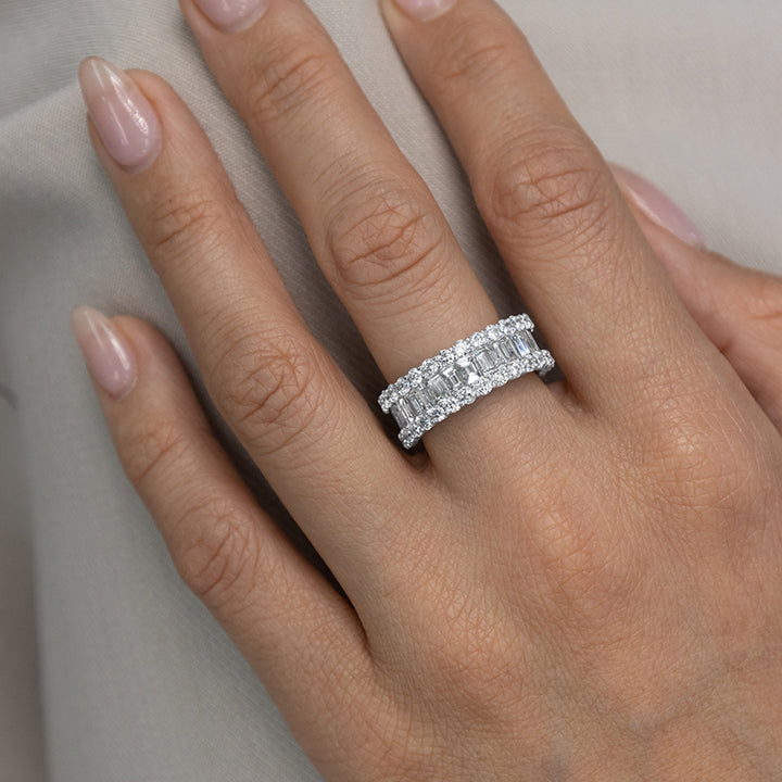 Baguette and Round Diamond Eternity Band in 14 Karat White Gold with 4.97 Carat of Diamonds