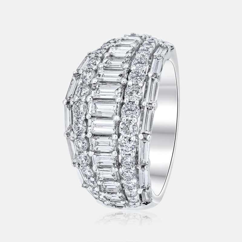 14 Karat White Gold Ladies Right Hand Ring with 3.03 Carats of Baguette and Round Diamonds