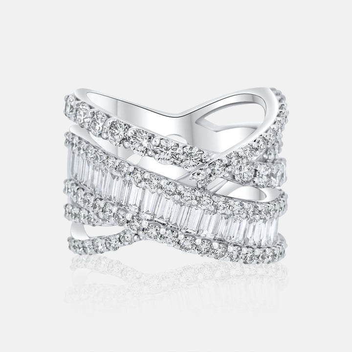 Ladies Right Hand Criss Cross Baguette Ring in 14 Karat White Gold with 2.37 Carat of Diamonds