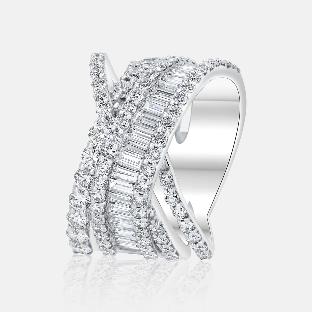 Ladies Right Hand Criss Cross Baguette Ring in 14 Karat White Gold with 2.37 Carat of Diamonds