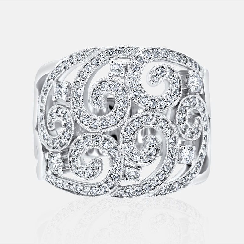 18 Karat White Gold Ladies Swirl Pattern Cocktail Ring with 1.55 carat of Diamonds