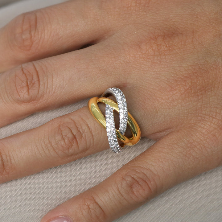 18K Gold Two Tone Criss Cross Ladies Ring with .75 Carat Diamonds