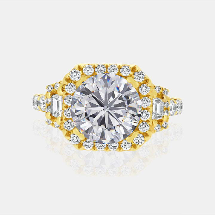 Three stone halo engagement ring with trapazoid diamonds