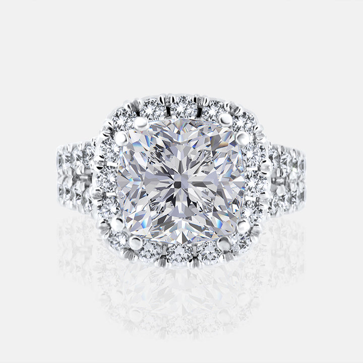 Cushion Cut Halo Engagement Ring Split Shank with 1.88 carat of Diamonds in 14 Karat White Gold