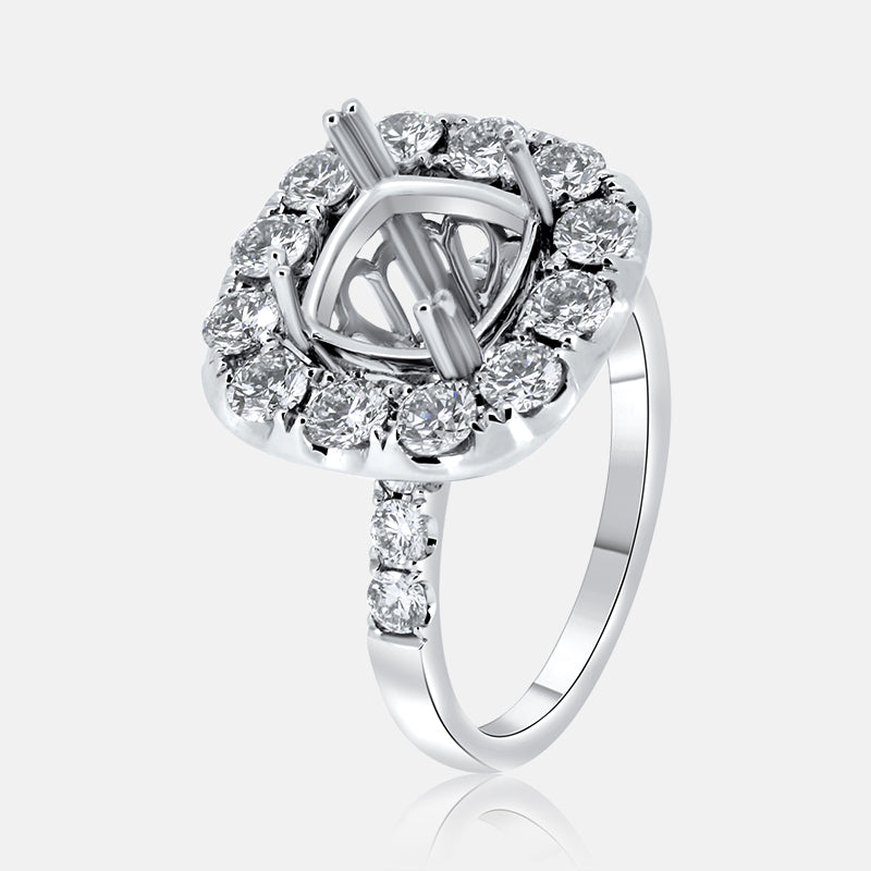 Cushion Halo engagement ring with 1.80 carat of diamonds in 14 Karat White Gold