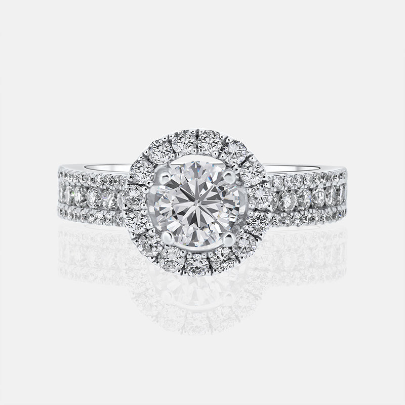 Round Halo Engagement Ring with .91 carat of Diamonds in 14 Karat White Gold