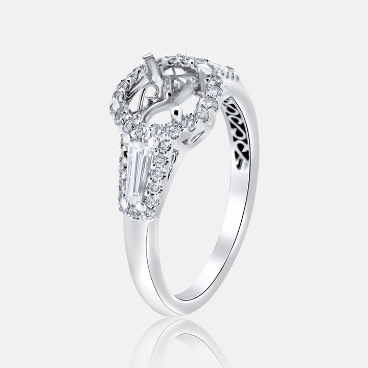 Round Halo Engagement Ring with baguette Accent Stone with .75 Carat of diamonds in 14 Karat White Gold