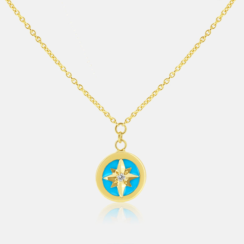 Blue Compass Medallion Necklace in 14 Karat Yellow Gold with .02 carat of Diamonds